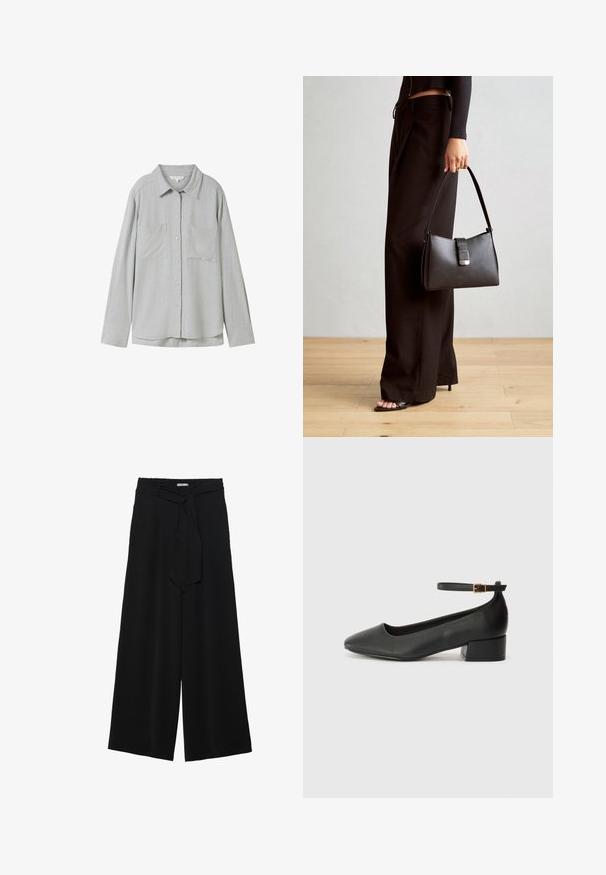 Hellgraues Langarmhemd aus weichem Stoff, mit durchgehender Knopfleiste, zwei Brusttaschen und klassischem Kragen.; Schwarze weite Hosen aus strukturiertem Stoff, mit elastischem Bund und einem abnehmbaren Bindegürtel in der Taille für eine verstellbare Passform.; Schwarze Lederpumps mit spitzem Zehenbereich und niedrigem Blockabsatz. Mit einem Knöchelriemen und einer goldfarbenen Schnalle. Glatte Textur.; Schwarze Handtasche mit strukturierter Form, glatter Textur und einem metallischen Verschluss. Kombiniert mit weiten schwarzen Hosen und offenen Sandalen auf einem Holzboden.