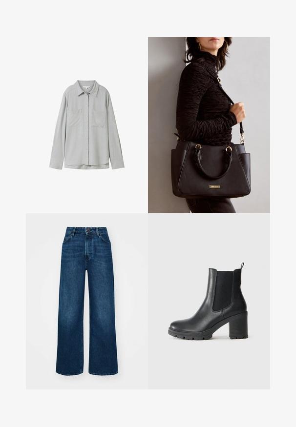 Camicia a maniche lunghe di colore grigio chiaro, realizzata in tessuto morbido, con chiusura a bottoni sul davanti, due tasche sul petto e colletto classico.; Jeans a vita alta e gamba larga in denim blu scuro con una texture liscia, cuciture a contrasto e design a cinque tasche. Chiusura frontale con bottone.; Stivaletto in pelle nera con pannelli laterali elastici, suola in gomma spessa e tacco alto a blocco. Presenta un manico sul retro.; Borsa nera con superficie texturizzata, manici superiori doppi e tracolla regolabile. Dotata di hardware color oro e tasche laterali.