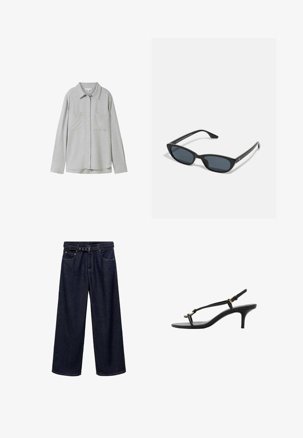 Light gray long-sleeve shirt made from soft fabric, featuring a button-down front, two chest pockets, and a classic collar.; Dark blue wide-leg jeans made of denim. Features a belted waistband with multiple buttons, front pockets, and a clean finish at the hems.; Black leather kitten heel sandal with thin straps, gold buckle, and minimalist toe loop on a white background.; Black cat-eye sunglasses with dark lenses, plastic frame, slim temples, and subtle branding on the inner arm. Matte finish texture.; Gray leather handbag with dual handles, a detachable strap, smooth texture, and a metallic clasp in the front. Rounded shape and minimalist design.; Singularu DROP - Earrings - gold-coloured