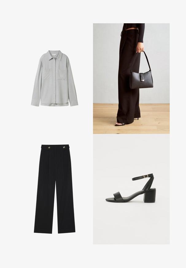 Hellgraues Langarmhemd aus weichem Stoff, mit durchgehender Knopfleiste, zwei Brusttaschen und klassischem Kragen.; Schwarze weite Hosen mit hoher Taille, Knopfdetails am Bund und vorderen Falten.; Schwarze High Heels Sandalen mit einem glatten Lederoberteil, offener Zehenpartie, breiten Vorderstraps und verstellbarem Knöchelriemen mit einem goldenen Schnallen-Detail.; Schwarze Handtasche mit strukturierter Form, glatter Textur und einem metallischen Verschluss. Kombiniert mit weiten schwarzen Hosen und offenen Sandalen auf einem Holzboden.