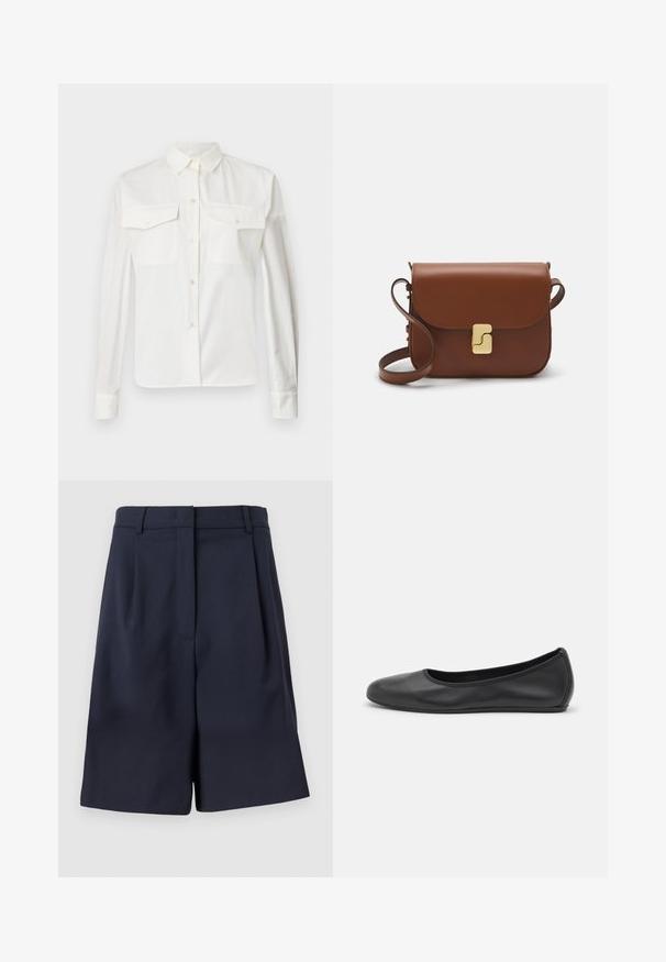 Chemise blanche en coton à manches longues avec un col pointu, deux poches avant et fermeture par bouton. Présente une texture lisse et une coupe ajustée.; Shorts ajustés bleu marine en tissu lisse avec taille haute, plis à l'avant et poches latérales. Silhouette propre et structurée.; Ballerines en cuir noir avec un bout rond, texture lisse, détails de couture minimalistes et design de semelle flexible.; Sac à main en cuir marron avec une fermeture à rabat, des accents en métal doré, une bandoulière et une texture lisse. Forme rectangulaire compacte.