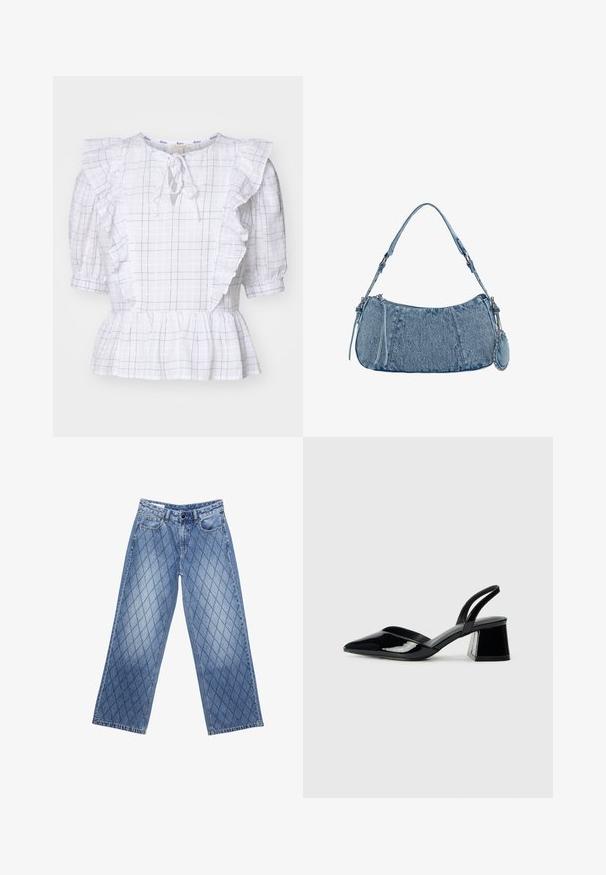 Weiße karierte Bluse mit Rüschensäumen, einem Bindeband am Hals und einem Peplum-Saum, der dünne marineblaue Linien auf einem strukturierten Stoff zeigt.; Weite Jeans aus Denim in Hellblau mit einem gesteppten Diamantmuster, ausgestattet mit fünf Taschen und einem Knopfverschluss an der Taille.; Schwarze Lackleder-Slingback-High Heels mit spitzem Schuh und einem geometrischen Blockabsatz. Verfügt über ein schlankes, minimalistisches Design und eine glatte Textur.; Denim-Handtasche mit geschwungener Form, hellblauer Farbe, verstellbarem Schultergurt und einem kleinen abnehmbaren Täschchen mit metallischen Akzenten.