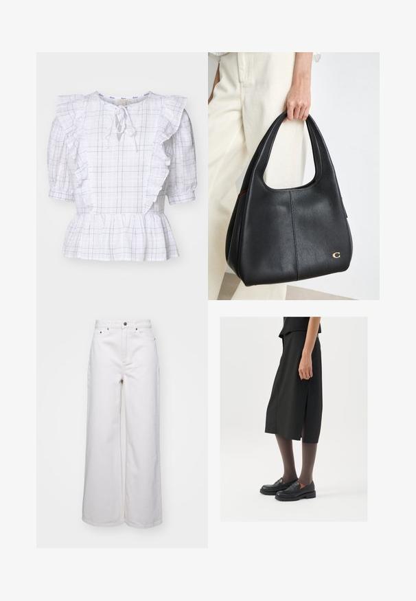 Valge ruuduline pluus ruffle-särkidega, sidumise detail kaeluses ja peplum helmiga, millel on õhukesed tumedat sinist jooned tekstuurilisel kangal.; Laiad valged teksad, mis on valmistatud vastupidavast denimist, kõrge vöökoha, viie tasku ja metallnupu kinnisegiga. Sile tekstuur.; Must mustre, millel on küljes lõhe, mustad mokassiinid ja läbipaistvad pruunid sukkpüksid, hellitad sujuva kangaga ja lihtsa disainiga.; Must mustre hobo-kott mustriga viimistlusega, pikad käsitsemised ja kuldne logo aksent külgedel.