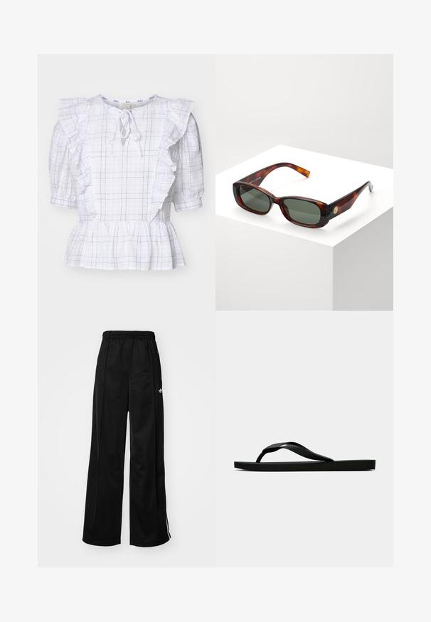 Fehér kockás blúz fodros ujjal, nyakán megkötő részlettel és peplum alsó résszel, finom navy csíkokkal egy struktúrált anyagon.; Fekete, bő szárú tréningnadrág, elasztikus derékkal, fehér oldalsávokkal és egy kis logóval a bal csípőn. Sima anyag textúrával.; Fekete gumipapucs, textúrált pánttal és egyszerű lapos talppal, oldalnézetből, világos háttér előtt.; Tarka mintás, téglalap alakú napszemüveg zöld lencsékkel. Széles keret, sima felület, arany díszítés az oldalon, és vékony szárak.