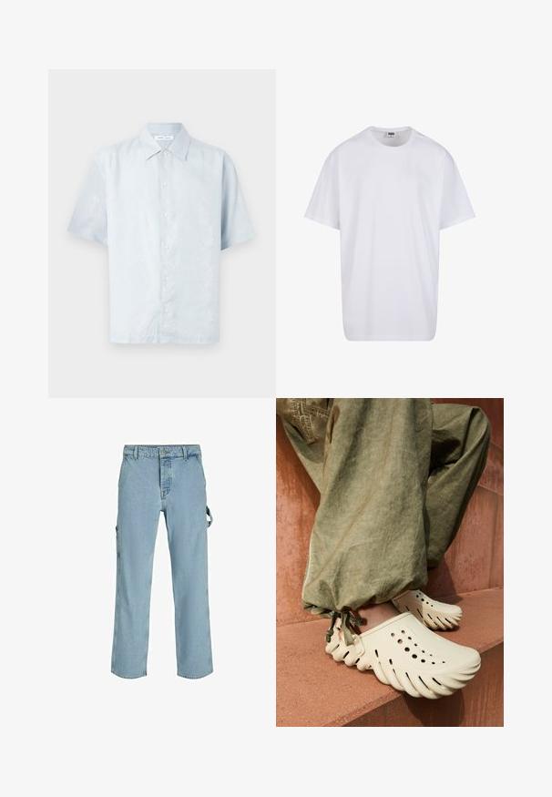 Šviesiai mėlynas trumpomis rankovėmis marškinėliai su subtiliu lapų raštu, su mygtukais priekyje ir klasikiniu apykakle, pagaminti iš glotnaus, tekstūruoto audinio.; Balta medvilninė marškinėlių užsagėlė su trumpomis rankovėmis, apvaliu kaklu, laisva forma ir be matomų logotipų ar raštų. Lygi tekstūra ir minimalus dizainas.; Šviesiai mėlynos džinsinės cargo kelnės su laisvu siluetu, turinčios šonines prisisegimo kilpas ir priekinius kišenes, demonstruojančios išblukusį tekstūrą.; Bežinės gumos klumpės su banginiu kraštu ir ventiliacijos skylutėmis, dėvimos su žaliomis, surištomis kelnių klešnėmis, ilsisi ant tekstūruotos terakotos paviršiaus.