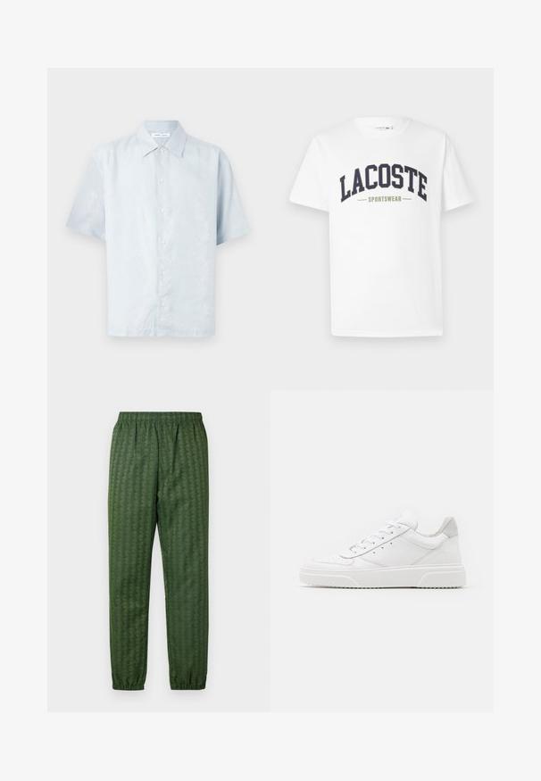 Lyseblå kortærmet skjorte med et subtilt bladmønster, knaplukning foran og en klassisk krave lavet af et glat, tekstureret stof.; Hvid t-shirt lavet af bomuld med et navy og olivengrønt "LACOSTE SPORTSWEAR" logo trykt på tværs af brystet i et buet design.; Grønne mønstrede træningsbukser med elastisk talje, smalle ben og et geometrisk design over det hele. Lavet af letvægtsmateriale.; Hvide lædersneakers med en glat finish, rund tå, flade snørebånd og en struktureret sål. Grå ruskindsdetalje ved hælen.