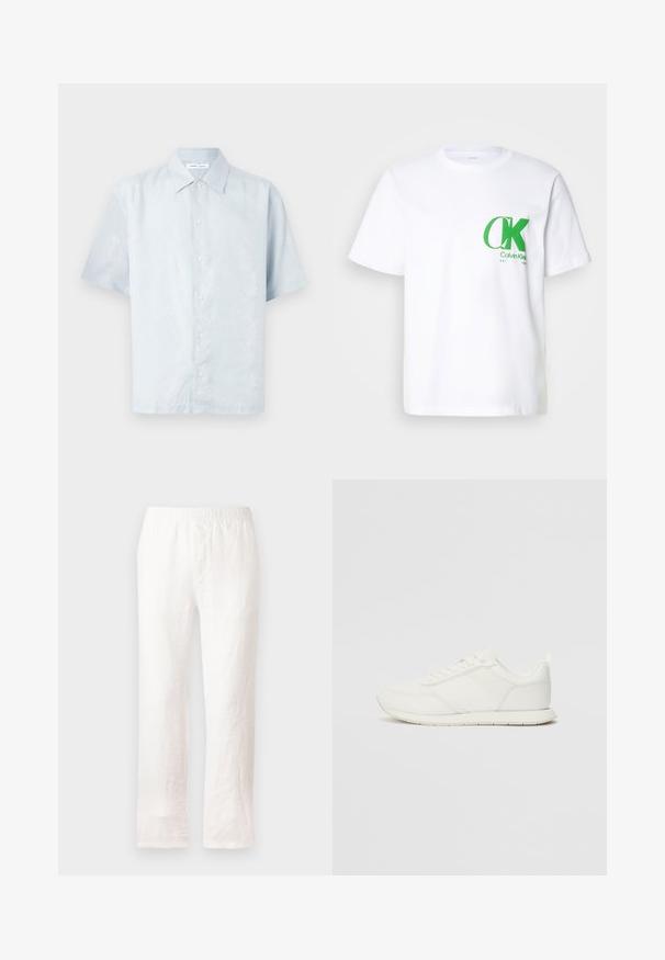 Hele sinine lühikeste varrukatega särk, millel on õrn lehe muster, nööpide ees ja klassikaline krae, valmistatud siledast, tekstuurist kangast.; Valge puuvillane T-särk, millel on vasakul rinnal roheline CK logo. Klassikaline ümmargune kaelus, lühikesed varrukad ja sirge äär.; Valged linased püksid elastse vöökoha, sirge jala kujunduse ja kergelt tekstureeritud kangaga. Ilma mustrite või lisadega.; Valged tennisesid, millel on võrgust ja sünteetilisest materjalist ülemine osa, ümar varvas, lamedad paelad ja tekstureeritud külgmine triip. Kummist tallaosa, tagaküljel tõmbetab.
