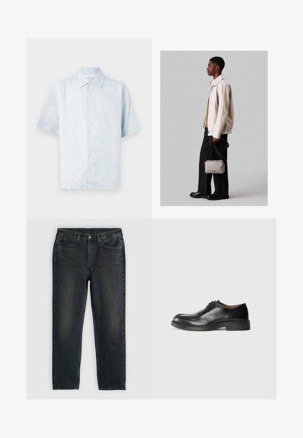 Vaalea sininen lyhythihainen paita, jossa on huomaamaton lehtikuosi, napitus edessä ja klassinen kaulus, valmistettu sileästä, teksturoidusta kankaasta.; Tummansinisiä farkkuja suoran lahkeen leikkauksella, viidellä taskulla, vetoketjukiinnityksellä ja kontrastivärisillä ompeleilla. Kankaan pinnassa on hieno haalistuminen.; Musta nahkakengät, joissa on pyöreä kärki, sileä pinta, nauhakoristeet ja matala, kuvioitu kumipohja. Siistit linjat ja minimalistinen muotoilu.; Vaaleanbeige takki joustavalla helmalla, budjettina vihreä paita ja mustat housut. Kantaa pientä harmaata ristikappaletta. Mustat kengät.