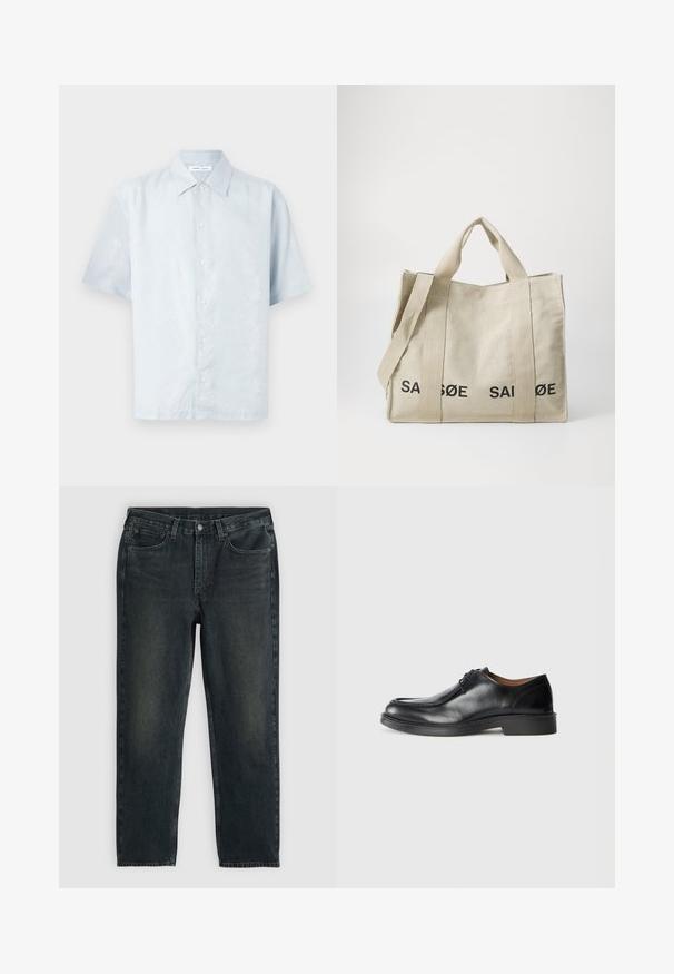 Lyseblå kortermet skjorte med et subtilt bladmønster, knapp foran og klassisk krage laget av et glatt, strukturet stoff.; Mørkeblå denimjeans med rette ben, med fem lommer, glidelås og kontraststing. Subtil fading på stoffet.; Svarte lærdressko med rund tå, glatt overflate, snøredetaljer og lav, teksturert gummisåle. Rette linjer og minimalistisk design.; Canvas totebag i lys beige med svart trykket tekst. Har doble håndtak og en avtagbar skulderrem. Rektangulær form med strukturert design.