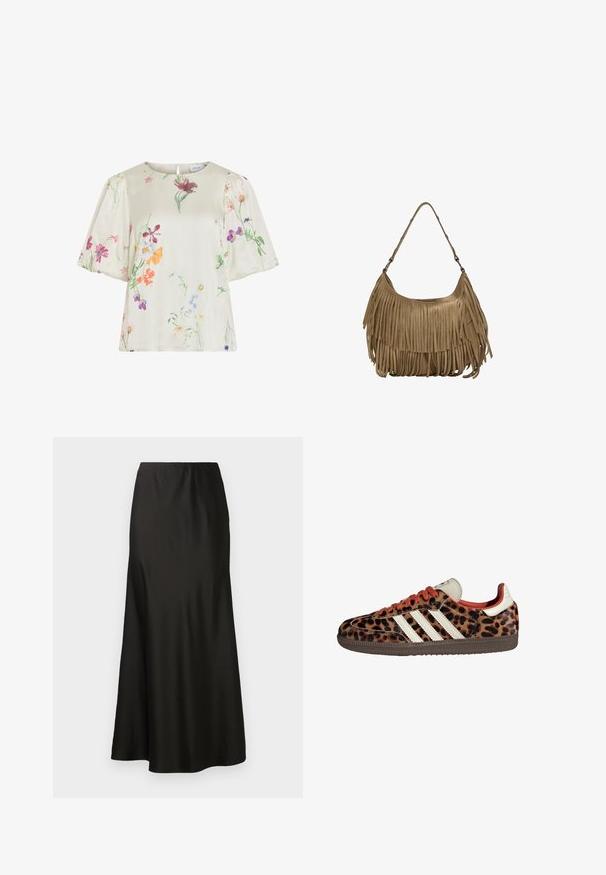 Cremefarbene Bluse mit Puffärmeln, die ein zartes, mehrfarbiges Blumenmuster in den Tönen Rosa, Lila, Orange und Grün zeigt.; Schwarzer Satin-Maxikleid mit glatter Textur, hoher Taille und ausgestelltem Saum. Hat ein einfaches Design ohne sichtbare Muster oder Hardware.; Sneaker im Leopardenmuster aus Wildleder mit roten Schnürsenkeln und drei weißen Streifen an der Seite. Sie haben eine cremefarbene Zunge und eine braune Sohle.; Braune Wildleder-Handtasche mit langen Fransen, einer geschwungenen Form und einem einzelnen Schultergurt. Verfügt über eine glatte, strukturierte Oberfläche.