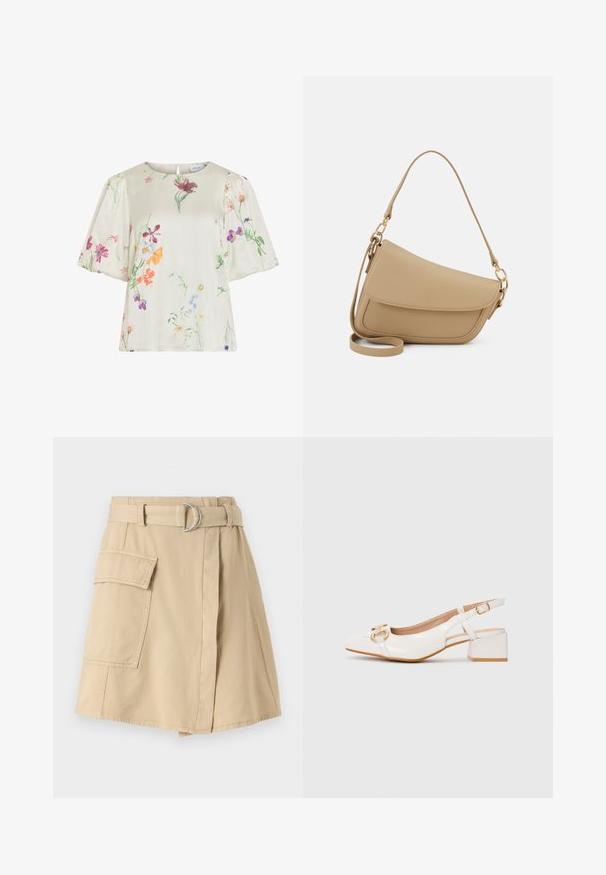 Bluză crem cu mâneci bufante, având un imprimeu floral delicat multicolor în nuanțe de roz, mov, portocaliu și verde.; Fustă din bumbac bej cu o buzunar lateral, talie accesorizată cu o curea ce are un inel argintiu și o formă ușor în A. Textură netedă și design simplu.; Pantof cu toc bloc din piele patent alba, cu detalii din cataramă aurie pe vârful ascuțit, împotriva unui fundal simplu.; Even&Odd Geantă de mână - beige