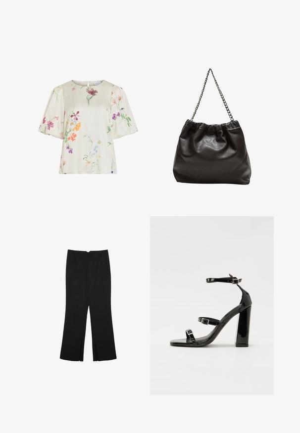 Kermakaksinen paita puffi hihoilla, jossa on herkkä monivärinen kukkakuosi vaaleanpunaisen, violetin, oranssin ja vihreän sävyissä.; Mustat housut suoralinjaisella leikkauksella, joissa on etutaskut ja sivurei'ät helman alla. Valmistettu pehmeästä ja sileästä kankaasta. Sopii eri tilaisuuksiin.; Musta kiiltävä korkokenkä sandaalit neliönmuotoisella varpaalla, nilkkaremmillä ja hopeisilla soljilla. Varustettu tukevalla lohkokorkealla vakauden takaamiseksi.; Ruskea nahkainen laukku, jossa on kerätty yläosa ja ketjuhihna. Tasainen pinta, jossa kiiltävä viimeistely ja hienovaraiset sauman yksityiskohdat sivuilla.