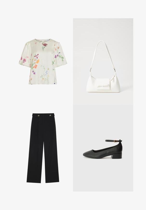 Blusa crema con maniche a sbuffo caratterizzata da un delicato motivo floreale multicolore nelle tonalità di rosa, viola, arancione e verde.; Pantaloni neri a gamba larga con vita alta, dettagli con bottoni in vita e pieghe frontali.; Pump in pelle nera con punta affusolata e tacco basso a blocco. Presenta una cinghia alla caviglia con una fibbia in tonalità oro. Texture liscia.; Borsa sintetica bianca a forma triangolare, con patta anteriore piatta e dettaglio a fiocco, tracolla regolabile, texture liscia e design minimalista.