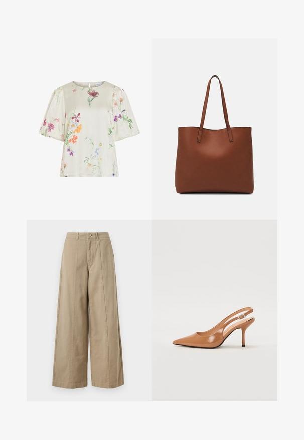 Kremkrāsas blūze ar pūkainām piedurknēm, kurā ir smalks daudzkrāsains ziedu raksts rozā, purpurā, oranžā un zaļā krāsā.; Beige platās kājas bikses, izgatavotas no izturīgas kokvilnas, ar pogu aizdari, jostu cilpām un tīru priekšējo krokām bez redzamām kabatām.; Izteikts pirksta siksnas zābaks, izgatavots no gludas, spīdīgas brūnas materiāla. Piedāvā izliekta izgriezuma dizainu un smalku stiletto papēdi. Sudraba sprādze.; Brūna ādas iepirkumu soma ar gludu tekstūru, atvērta augšdaļa un divas plecu siksnas. Izceļas ar minimālām šuvēm un redzamu aparatūru nav.