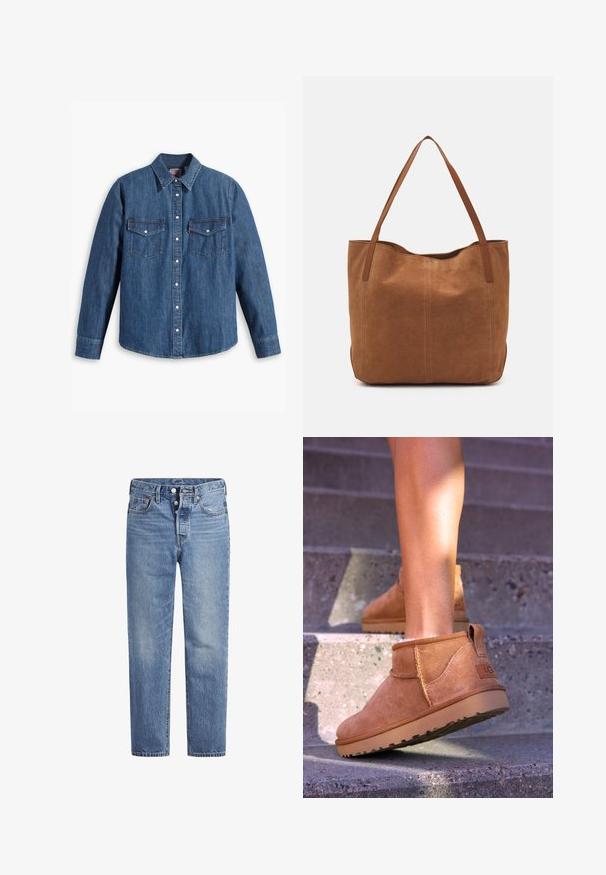Camisa de ganga em azul médio com colarinho abotoado, mangas longas, dois bolsos no peito e botões de pressão prateados. Apresenta costuras contrastantes.; Jeans de denim azul claro com corte reto, design de cinco bolsos e fecho de botão. Apresenta um desbotado subtil e detalhes de costura laranja.; Botas de tornozelo em camurça clara com uma textura suave, detalhes costurados e sola em borracha, apresentando um salto com alça para facilitar o calçar.; Saco tote em camurça castanha com duas alças longas, apresentando uma textura suave, design simples e sem hardware ou detalhes visíveis.