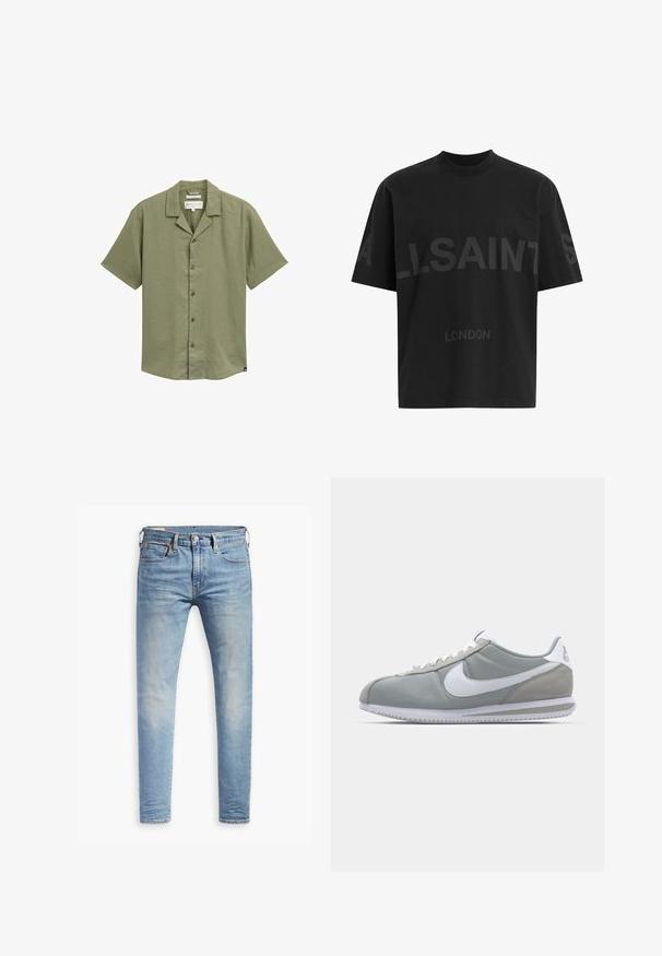 Krátký rukáv, košilový button-up ve olivově zelené barvě, vyrobený z lehkého materiálu, s špičatým límcem a jemnou texturou. Obsahuje tmavé knoflíky.; Černé oversized tričko s tmavě šedým nápisem "ALLSAINTS" na hrudi a menším textem "LONDON" pod ním.; Světle modré slim-fit džíny s mírným vyblednutím na stehnech, zapínání na knoflík vpředu, poutka na opasek a pět kapes na bílém pozadí.; Šedá sportovní bota s svrchní částí z semiše a textilu, bílým logem Nike a bílými tkaničkami. Obsahuje texturovanou gumovou podrážku a polstrovaný límec.