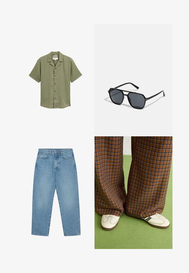 Camicetta a maniche corte con bottoni in verde oliva, realizzata in tessuto leggero, con colletto a punta e una sottile trama. Presenta bottoni scuri.; Jeans a gamba larga in denim azzurro chiaro con vita alta, dotati di cinque tasche, passanti per cintura e una consistenza morbida e leggermente sbiadita.; Pantaloni a pieghe larghi a quadri marroni e blu abbinati a scarpe bianche con dettagli neri e suole testurizzate, posizionati su uno sfondo verde.; Occhiali da sole neri con montatura ottagonale, lenti scure, finitura lucida, aste sottili e dettagli dorati sul davanti.