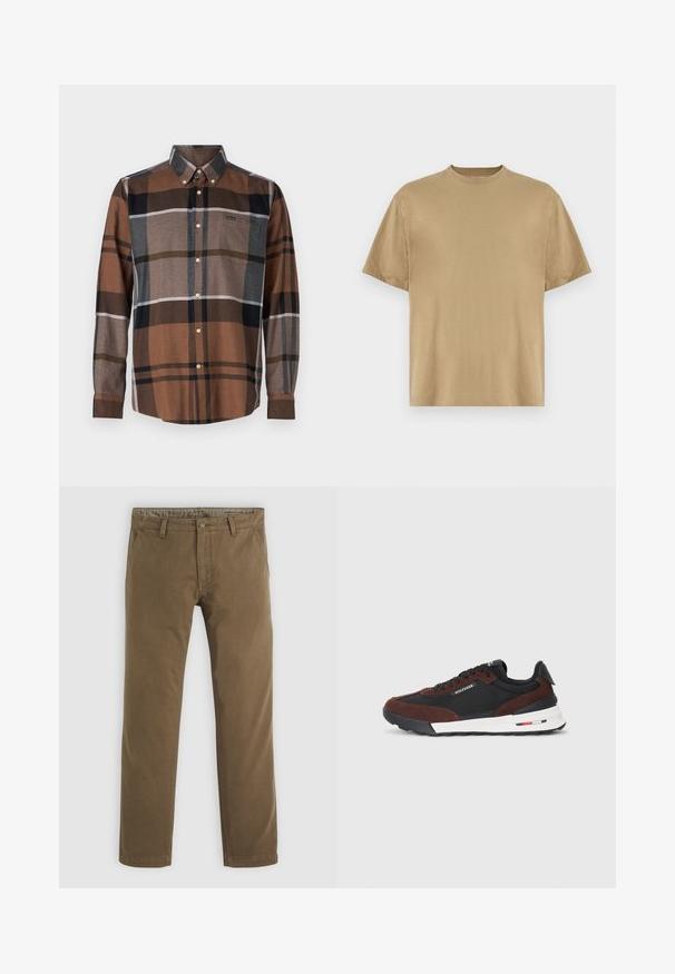 Barna és sokszínű kockás gombos ing. Gallérral, hosszú ujjú, elülső zsebbel és kontrasztos gomb részletekkel rendelkezik. Könnyű anyag.; Khaki színű, rövid ujjú póló, puha anyagból készült, kerek nyakkivágással és lazább fazonnal. Minták vagy grafikák nem láthatók.; Kakhiszínű pamut nadrág egyenes szárú szabással, gombos záródással, két elülső zsebbel és sima textúrával.; Tommy Hilfiger RETRO RUNNER MIX - Sportcipő - black/cocoa