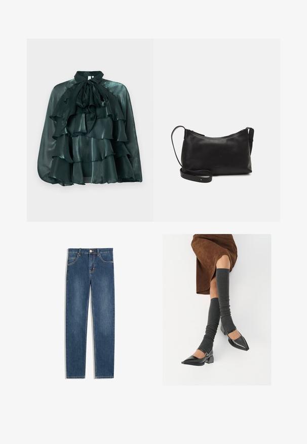 Blouse en satin vert foncé avec un col haut et un grand nœud, arborant plusieurs couches de volants sur le devant. Texture lisse et finition brillante.; Jeans en denim bleu foncé avec une coupe droite, cinq poches, un subtil détail de couture et un bouton en métal à la taille.; Chaussures à bout pointu en cuir verni noir avec un talon bloc et une bride à la cheville, accompagnées de jambières en maille grise et d'une jupe en daim marron.; Sac à épaule en cuir noir avec une texture lisse, une forme courbée, une bandoulière ajustable et une fermeture éclair. Design minimaliste sans embellissements.