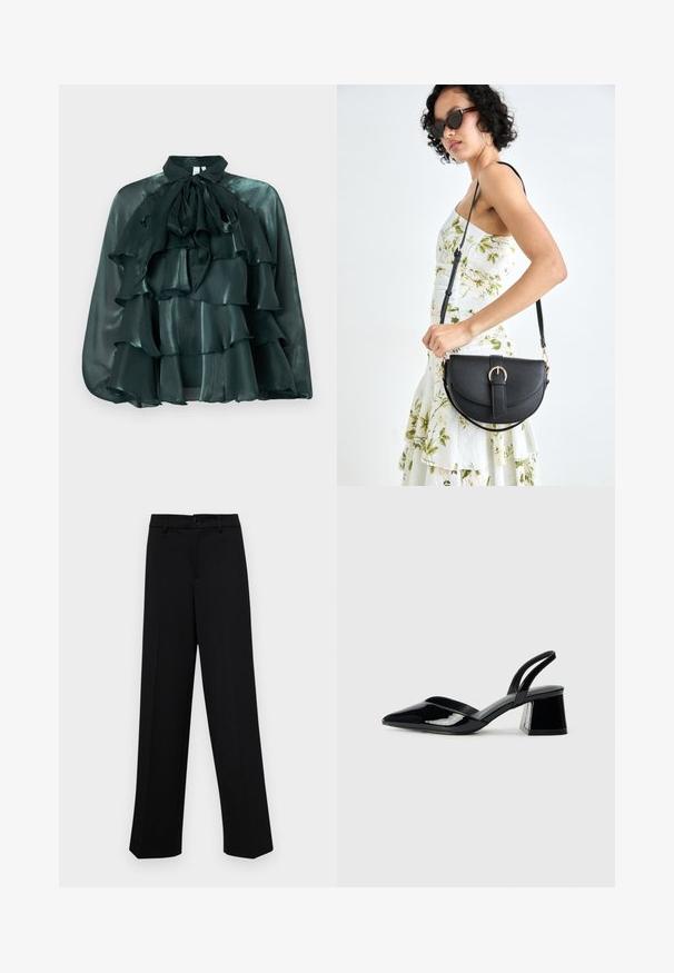 Dark green, satin blouse with a high collar and large bow tie, featuring multiple ruffled layers across the front. Smooth texture and glossy finish.; Black wide-leg trousers made of smooth fabric, featuring a classic waistband with a button closure and front pleats.; Black patent leather slingback heels with a pointed toe and a geometric block heel. Features a sleek, minimal design and smooth texture.; Black leather handbag with a curved shape, detachable strap, and gold hardware. The bag features a flap with a buckle detail.