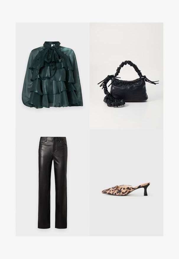 Tamnozelena satenasta bluzica s visokim ovratnikom i velikom mašnom, s višestrukim nabranim slojevima na prednjoj strani. Glatka tekstura i sjajni finiš.; Crne kožne hlače ravnog kroja, s patent zatvaračem i prednjim džepovima. Glatka tekstura s suptilnim detaljima šivanja.; Cipele s šiljastim nosom, s gornjim dijelom u leopard printu i niskom crnom kitten petom na svijetloj podlozi.; Crna torba od umjetne kože s teksturom krokodila, s cinčanim vrhom i naboranom trakom. Izgleda mekano i kompaktno u dizajnu.