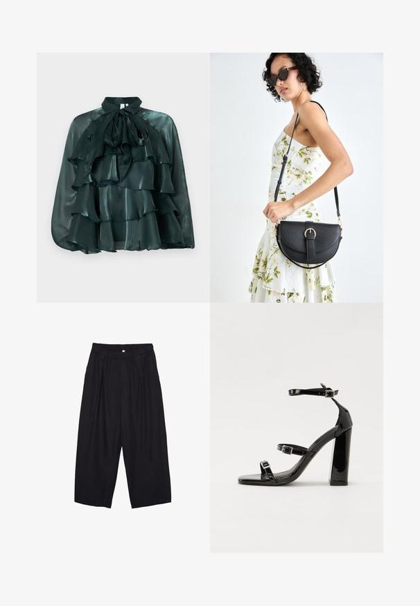 Dunkelgrüne Satinbluse mit hohem Kragen und großer Schleife, die mehrere geraffte Lagen an der Vorderseite aufweist. Glatte Textur und glänzende Oberfläche.; Schwarze Polyester-Culotte mit einem elastischen Bund, zwei vorderen Falten und einer lockeren Silhouette. Keine sichtbaren Muster oder Hardware-Details.; Schwarze patentierte Sandalen mit Absatz, quadratischer Spitze, Knöchelriemen und silbernen Schnallen. Mit einem stabilen Blockabsatz für mehr Stabilität.; Schwarze Lederhandtasche mit geschwungener Form, abnehmbarem Tragegurt und goldenen Beschlägen. Die Tasche verfügt über einen Deckel mit einer Schnallen-Details.