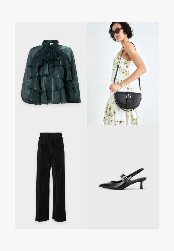 Tumši zaļš, satīna blūze ar augstu apkakli un lielu zieda mezglu, kurai ir vairāki viļņoti slāņi priekšpusē. Gluda tekstūra un spīdīga apdare.; Melni plīšu bikses ar elastīgu jostu. Tām ir platākas kājas un gluda, teksturēta auduma ar vertikālām svītrām.; Melnas lakotas ādas sūkņa kurpes ar norādītu purngali un mazu bloku papēdi, ar sudraba sprādzi akcentā uz jostas.; Melnas ādas rokassoma ar izliekta formu, noņemamu siksnu un zelta aksesuāriem. Somai ir vāciņš ar sprādzes detaļu.