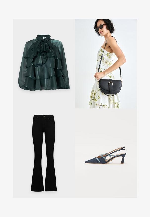 Tume roheline, satiinist pluus kõrge krae ja suure lipsuga, millel on mitu volangist kihti ees. Sile tekstuur ja läikiv viimistlus.; Mustad kõrge vöökohtadega teksad, millel on nööp ja lukuga sulgemine, esikäe taskud ja laienevad sääred, asetatud tasasele valgele taustale.; Denim slingback kingad, terav nina, helesinised vöödid kaunistustega, keskmise kontsaga, tekstuuriga kangas, pruun sisetald, minimalne õmblemine, elegantne disain.; Mustmust mustraha kõverate joontega, eemaldatava rihmaga ja kuldsete detailidega. Kotil on klapp, millel on pandladetail.