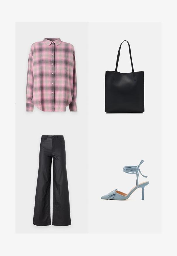 JJXX JXJAMIE - Gombos blúz - moonlite mauve; Fekete, bő szabású nadrág mesterséges bőrből. Jellemzője a magas derék, övhurkok, két elülső zseb és varrott részletek.; Hegyes orrú magassarkú cipő világoskék szövetből, texturált felülettel, masnis díszítéssel és bokapánttal a biztos illeszkedésért.; Fekete bőrtáska sima felszínnel, téglalap alakú, két hosszú füllel. Nincs látható fémkiegészítő vagy díszítés.