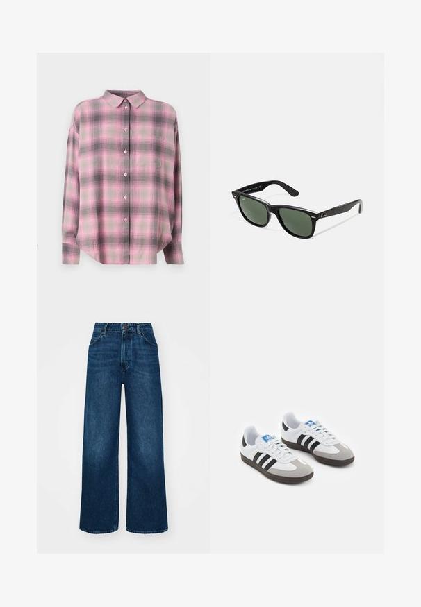 JJXX JXJAMIE - Button-down blouse - moonlite mauve; High-waisted, wide-leg jeans in dark blue denim with a smooth texture, contrast stitching, and five-pocket design. Front button closure.; Sport shoes with a white leather upper, gray suede toe, and three black stripes. Features a blue logo on the tongue and a textured rubber sole.; Black plastic sunglasses with green lenses, square frames, silver accent on the brow, and textured temple arms. Stated brand on inner arm.; Black woven leather handbag with a slouchy design, featuring a knotted strap and a small decorative gold stud at the top.