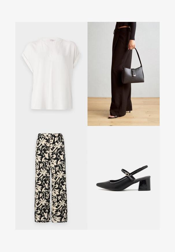 Weiße Kurzarmbluse aus einem glatten Stoff mit V-Ausschnitt, mit umgeschlagenen Ärmeln und einem lässigen Schnitt. Minimalistisches Design.; Schwarze weit geschnittene Hose mit einem cremefarbenen Blumenmuster. Hergestellt aus leichtem Stoff, mit einer glatten Textur und einem hohen Bund.; Schwarze Lackleder-Slingback-Absätze mit spitzer Zehenform, einem runden Ausschnitt-Design und einem Blockabsatz. Mit einem goldfarbenen Schnallenakzent.; Schwarze Handtasche mit strukturierter Form, glatter Textur und einem metallischen Verschluss. Kombiniert mit weiten schwarzen Hosen und offenen Sandalen auf einem Holzboden.
