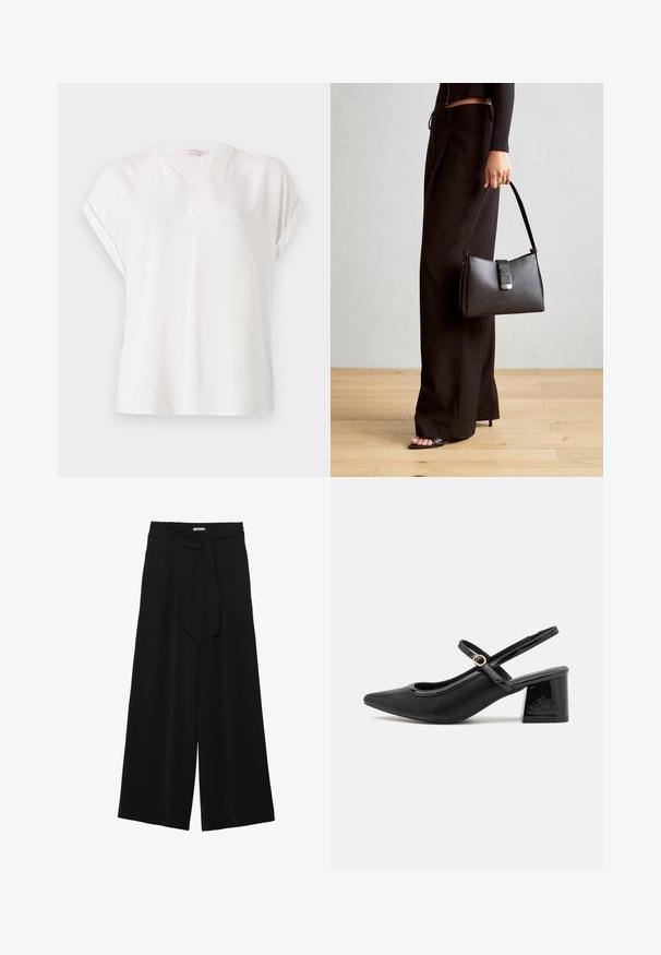 Balta trumpa rankovėmis bluzonė, pagaminta iš lygaus audinio, su V formos iškirpte, iškarpytais rankovėmis ir laisvu siluetu. Minimalistinio dizaino.; Juoda plačių kojų kelnės, pagamintos iš tekstūruoto audinio, su elastingu juosmeniu ir atsegamu diržu juosmenyje, leidžiančiu reguliuoti dydį.; Juodi patentinio odos slingback aukštakulniai su smailiu pirštu, apvaliu išpjovimu ir blokiniu kulnu. Papuošti auksiniu juostos akcentu.; Juodas rankinė struktūrizuota forma, lygi tekstūra ir metalinis užsegimas. Suporuota su plačiomis juodomis kelnėmis ir atvirais bateliais ant medinių grindų.