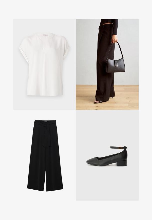 Hvid kortærmet bluse lavet af et glat stof med V-udskæring, der har opfoldede ærmer og en afslappet pasform. Minimalistisk design.; Sorte vide bukser i en tekstureret stofkvalitet, med elastisk talje og et aftageligt bånd i taljen for justerbar pasform.; Sorte læderpumper med spids tå og en lav blokhæl. Har en ankelrem med en guldfarvet spænde. Glat tekstur.; Sort håndtaske med struktureret form, glat overflade og metalspænde. Sammen med brede sorte bukser og sandaler med åben tå på trægulv.