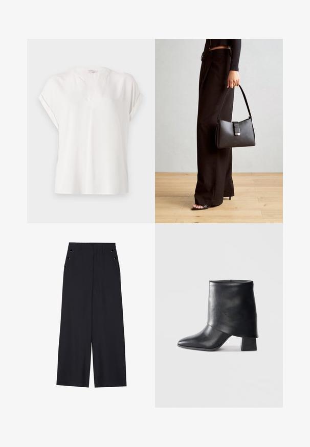Weiße Kurzarmbluse aus einem glatten Stoff mit V-Ausschnitt, mit umgeschlagenen Ärmeln und einem lässigen Schnitt. Minimalistisches Design.; Weite Hosen aus dunkelblauem Stoff mit einer glatten Textur, Vorderfalten und dekorativen goldfarbenen Ösen an den Seitentaschen.; Schwarze Lederstiefelette mit spitzer Zehenform, glatter Oberfläche und strukturiertem Blockabsatz. Mit einem hohen, gefalteten Schaftdesign.; Schwarze Handtasche mit strukturierter Form, glatter Textur und einem metallischen Verschluss. Kombiniert mit weiten schwarzen Hosen und offenen Sandalen auf einem Holzboden.