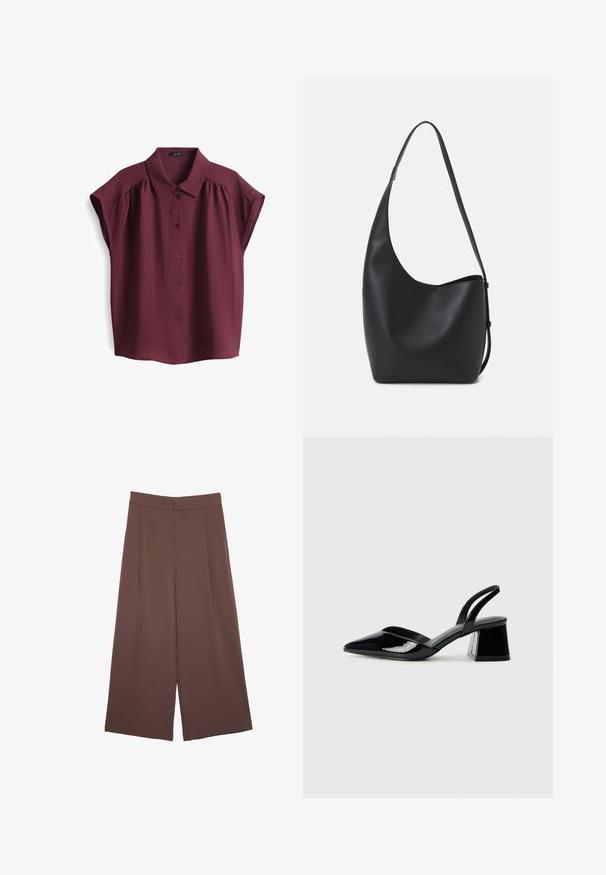 Short-sleeve, burgundy blouse with a button-up front and a structured collar, featuring subtle texture and relaxed fit design.; Brown wide-leg trousers with a smooth texture, featuring a high waist and front pleats. The fabric is lightweight and flows loosely.; Black patent leather slingback heels with a pointed toe and a geometric block heel. Features a sleek, minimal design and smooth texture.; Black leather hobo bag with a smooth texture, curved shape, and single adjustable strap; features a wide opening at the top.