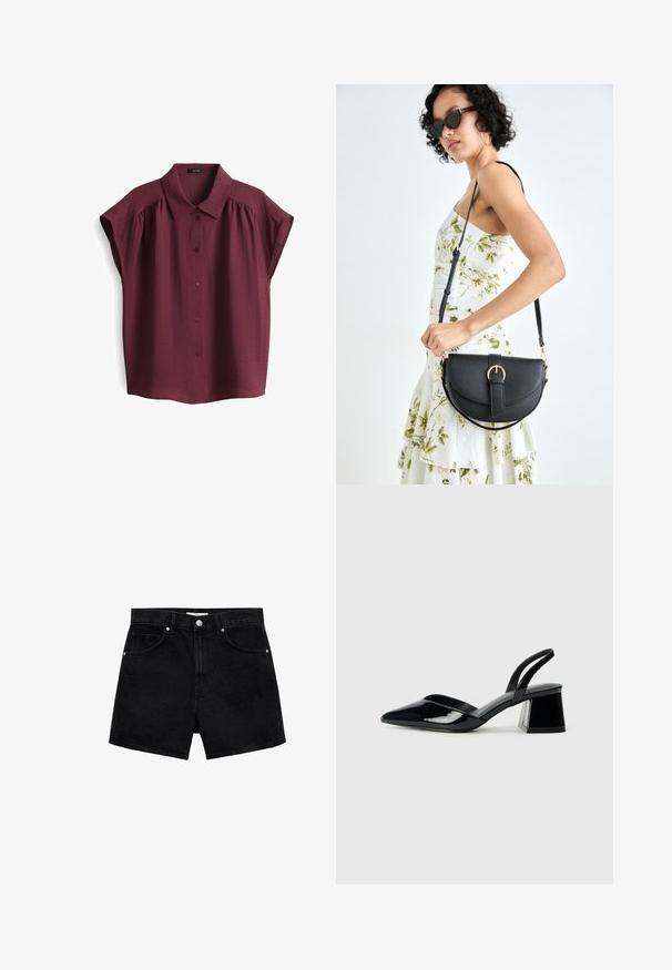 Korte mouw, bourgondische blouse met een knoopsluiting aan de voorkant en een gestructureerde kraag, met een subtiele textuur en een ontspannen pasvorm ontwerp.; Zwarte denim shorts met hoge taille, vijf zakken en sluiting met zilveren knoop. Heeft een gladde textuur en een getailleerde pasvorm.; Zwarte gepatineerde leren slingback hakken met een spitse neus en een geometrische blokhak. Kenmerkt zich door een slank, minimalistisch ontwerp en een gladde textuur.; Zwarte leren handtas met een gebogen vorm, afneembare schouderband en gouden hardware. De tas heeft een klep met een gespsluiting.