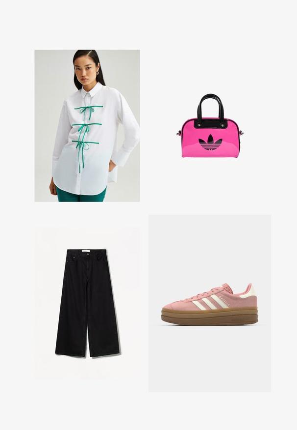 Touché Privé CONTRAST PIPED - Button-down blouse - white; Bershka WIDE-LEG - Wide Leg - black; adidas Originals GAZELLE BOLD - Trainers - mauve/off white; Pink patent handbag with a black logo and handles, featuring a rounded shape and zipper closure. Glossy texture enhances visibility.