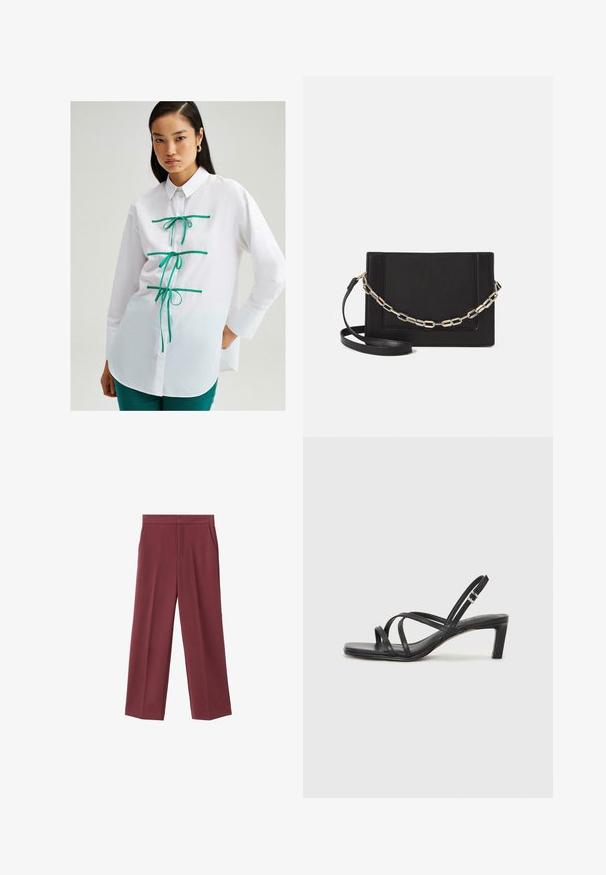 Touché Privé CONTRAST PIPED - Cămașă - white; Pantaloni largi de culoare vișinie, cu o textură fină, dotate cu buzunare laterale și un design cu talie înaltă. Croiți cu o pliu curat pe față.; Sandal cu barete negre, cu vârf pătrat și toc mic de bloc. Prezintă mai multe barete subțiri și o bareta ajustabilă la gleznă. Fabricat din piele netedă.; Geantă de umăr din piele neagră, cu o textură netedă, formă rectangulară și un detaliu din lanț metalic în față. Include curea reglabilă.