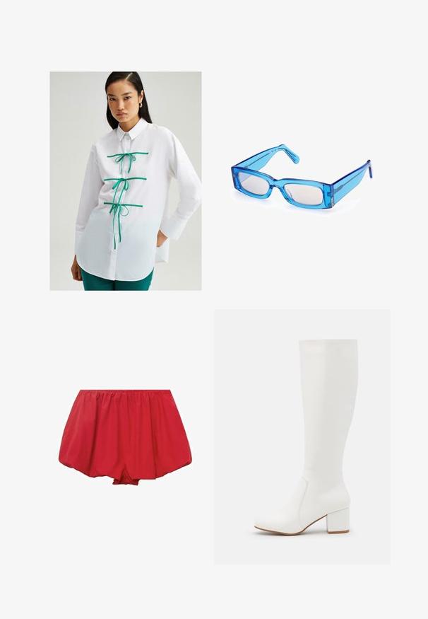 Touché Privé CONTRAST PIPED - Košilová halenka - white; Červené, lehké šortky s elastickým pasem. Mají volný, rozšířený střih a nařasenou tkaninu pro pohodlné nošení.; Bílé holenní boty s hladkým, lesklým povrchem. Čtvercový blokový podpatek a jemné švy podél strany.; Modré průhledné obdélníkové sluneční brýle s širokým rámem, mírně zakřivenými stranami a světlými skly. Obsahují jemné značení značky.