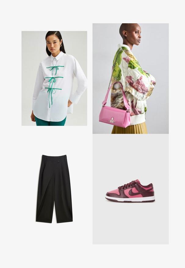 Touché Privé CONTRAST PIPED - Blúzka so zapínaním na gombíky - white; Čierne široké nohavice vyrobené z hladkého materiálu. Obsahujú predný záhyb, zapínanie na gombík a prispôsobený pás pre elegantný strih.; Tenisky Nike Dunk Low majú kombináciu tmavo ružovej a burgunďskej kože. Ich dizajn obsahuje bielu medzipodošvu a perforovanú špičku pre lepšiu priedušnosť.; Prešívaná kvetinová bomber bunda v zelenej, ružovej a béžovej farbe; skombinovaná s lesklou ružovou kabelkou s řetízkem a logom.