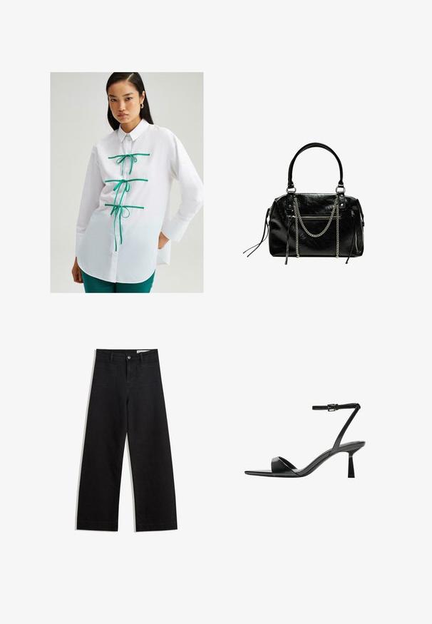 Touché Privé CONTRAST PIPED - Overhemdblouse - white; Zwarte denim broek met wijde pijpen en een hoge taille, voorzien van voor- en achterzakken, gestikte naden en een knoopsluiting. Gladde textuur.; Bershka Sandalen met hoge hak - black; Bershka WITH CHAIN - Handtas - black