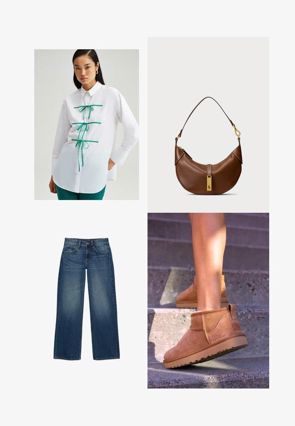 Touché Privé CONTRAST PIPED - Button-down blouse - white; Wide-leg blue denim jeans featuring a faded wash, five-pocket design, and contrasting stitching. Closed with a button and zipper fly.; Tan suede ankle boots with a soft texture, stitched detailing, and a rubber sole, featuring a looped heel for easy wear.; Brown leather shoulder bag with curved shape, gold hardware, top clasp detail, and a logo accent. Smooth texture with stitched edges.