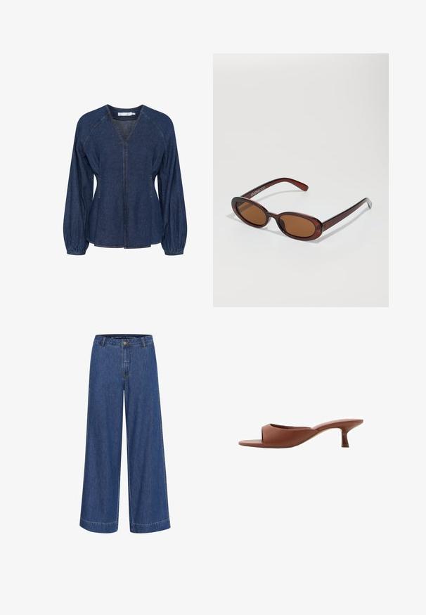 Denim srajca v temno modri barvi z V-izrezom, raglan rokavi, elastični manšeti in stranskimi žepe. Ima kontrastno šivanje po celotni srajci.; Široke traper hlače temno modre barve. Narejene so iz bombaža, imajo gumb za zapiranje, sprednje žepe in čist rob.; Rjave odprte sandalje s peto z gladko, mat površino, ki imajo ukrivljen dizajn in prozorno, zoženo peto.; Okrogle, rjavo obarvane sončne naočare z sijočim burgundskim okvirjem. Tanek nosilec s subtilnim logotipom. Oblika leč je ravna.