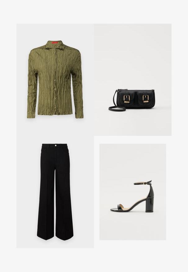 Olive green, long-sleeve shirt with a wrinkled texture, button front, and a chest pocket; features a pointed collar and subtle sheen.; Black wide-leg jeans made of sturdy fabric, featuring a high waist, front pockets, and a front button closure. Flat hem at the bottom.; Black patent leather sandal with a wide heel, open toe, and ankle strap featuring a gold buckle. Smooth texture and sleek design.; Black leather crossbody bag with two front pockets, gold buckles, zipper closure, and a slim strap. Textured surface and compact rectangular shape.
