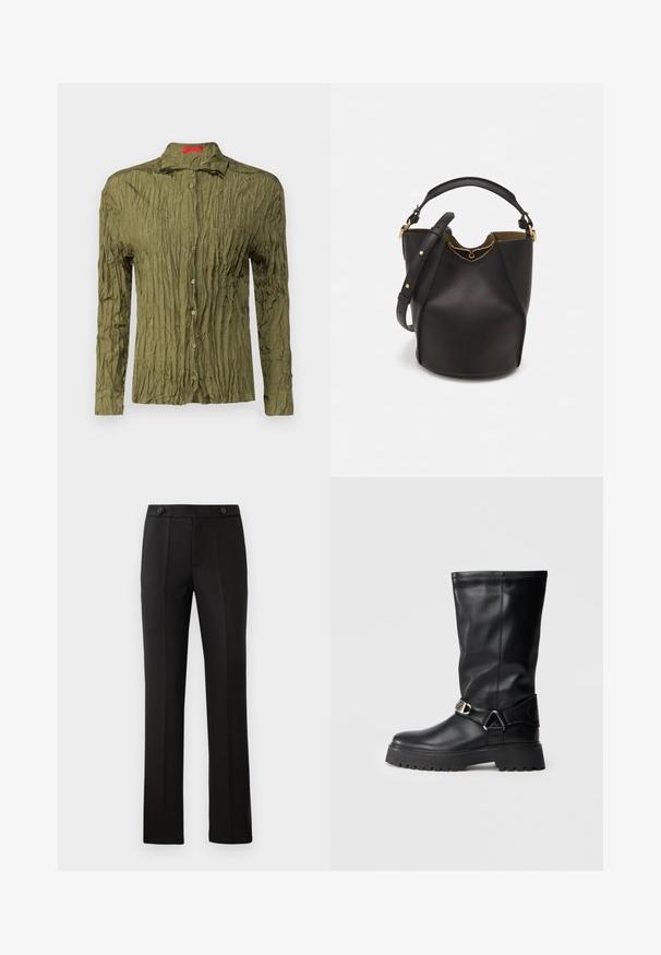 Olivgrünes, langärmliges Hemd mit einer zerknitterten Textur, Knopfverschluss und einer Brusttasche; verfügt über einen spitzen Kragen und einen dezenten Glanz.; Schwarze maßgeschneiderte Hose mit geradem Bein, zwei vorderen Taschen, einem Knopfverschluss und unteren Falten vorne. Glatte Stofftextur.; Schwarze knielange Stiefel aus glattem Leder, mit einer Schnallenakzentuierung an der Seite und einer dicken, strukturierten Sohle für besseren Halt.; Schwarze Leder-Eimerhandtasche mit strukturierter Oberfläche, goldenen Hardware-Akzenten und offenem Design. Verfügt über einen kurzen Griff und einen verstellbaren Schultergurt.
