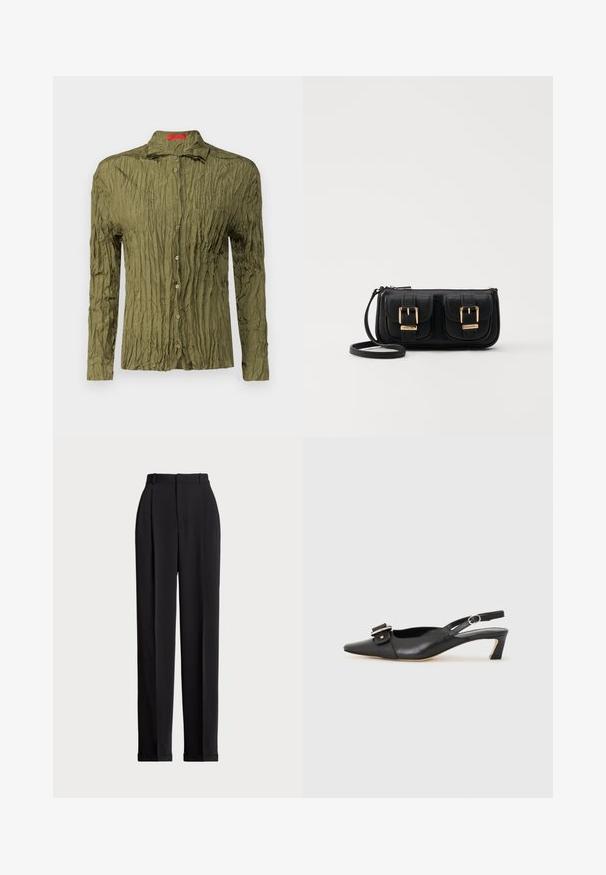 Olijfgroen, langemouwshirt met een kreukelige textuur, knopenfront en een borstzak; heeft een spitse kraag en een subtiele glans.; Zwarte op maat gemaakte broek met een hoge taille, voorzien van plooien aan de voorkant, een recht gesneden ontwerp en een omslagrand. Gemaakt van een soepele stof.; Zwarte leren slingback schoen met scherpe neus, kleine hak en decoratieve gespdetails op de bovenkant. Stijlvolle textuur, minimalistisch ontwerp.; Zwarte leren schoudertas met twee vo pockets, gouden gespen, ritsluiting en een smalle band. Tekstuur oppervlak en compacte rechthoekige vorm.