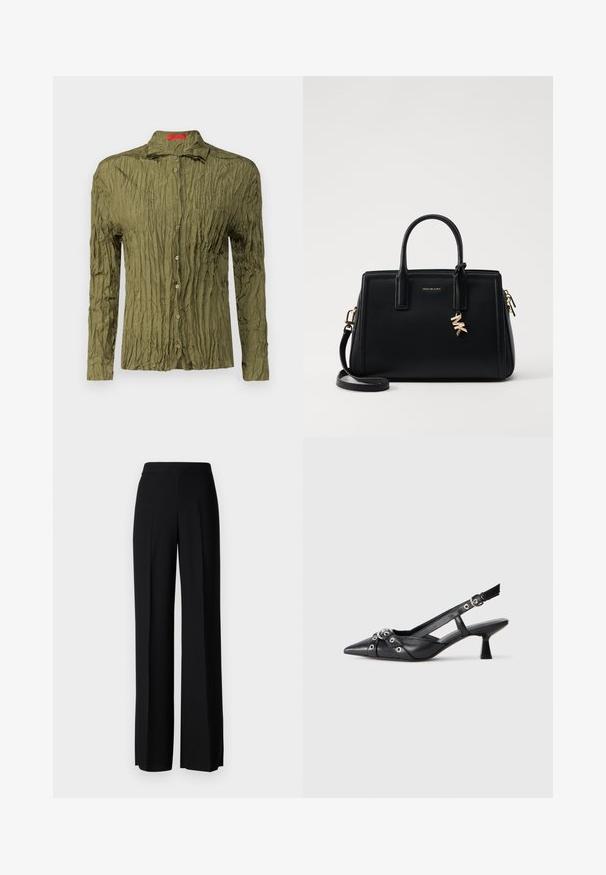 Olivovozelená dlhá rukávová košeľa s vrásčitým povrchom, zapínaním na gombíky vpredu a s náprsníkovou vreckom; obsahuje špicatý golier a jemný lesk.; Čierne široké nohavice s hladkým povrchom, s vysokým pásom a stredovými skladmi. Žiadne viditeľné vzory ani hardvérové detaily.; Čierne kožené slingback topánky s špicatou špičkou, ozdobnými popruhmi s kovovými očkami a nízkym blokovým podpätkom. Textúrovaný povrch.; Čierna kožená kabelka so štruktúrovaným dizajnom, dvojitými hornými uchami, odnímateľným ramenným popruhom, zlatými kovovými detailmi a akcentom logového prívesku.