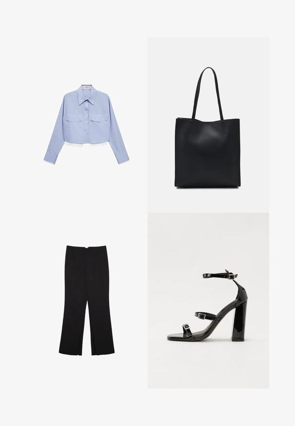 Mango Košilová halenka - light blue; Černé kalhoty s rovným střihem, s předními kapsami a bočními rozparky na lemu. Vyrobené z jemné, hladké tkaniny. Vhodné na různé příležitosti.; Černé lakované sandály na podpatku se čtveratou špičkou, lýtkovými pásky a stříbrnými přezkami. Disponují masivním blokovým podpatkem pro stabilitu.; Černá kožená taška přes rameno s hladkým povrchem, obdélníkovým tvarem a dvěma dlouhými uchy. Žádné viditelné kování ani ozdoby.