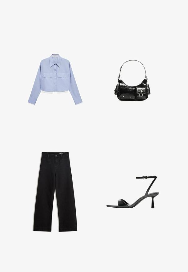 Mango Button-down blouse - light blue; Black wide-leg denim pants with a high waist, featuring front and back pockets, stitched seams, and a button closure. Smooth texture.; Bershka High heeled sandals - black; Black patent leather handbag with a curved shape, one shoulder strap, front pockets, and silver-tone hardware accents.