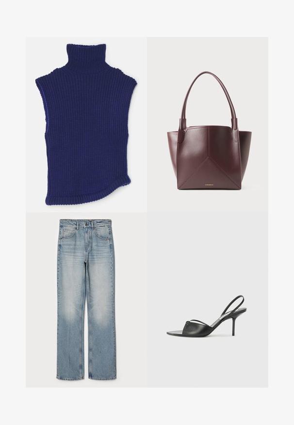 Adīta bez piedurknēm augsta apkakle tumši zilā krāsā ar ribotām faktūrām. Iezīmē augstu apkakli un izliekts apakšējo malu.; Gai zili džinsi ar taisnu piegriezumu, kas iezīmē augsto vidukli, piecu kabatu dizainu un maigu izbalēšanu uz augšstilbiem un ceļgaliem.; Melnas ādas siksniņu augstpapēžu kurpes ar norādītu purngalu, plānu potītes siksniņu un stiletto papēdi. Arī ar sasietu detaļu uz vamp.; Tumši brūns ādas somiņš ar divām rokturiem un ģeometriskajiem paneļu šuvēm, ar mazu zelta zīmola tekstu tuvu apakšējai centram.